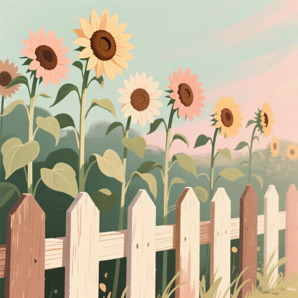 A row of sunflowers standing taller than a wooden fence