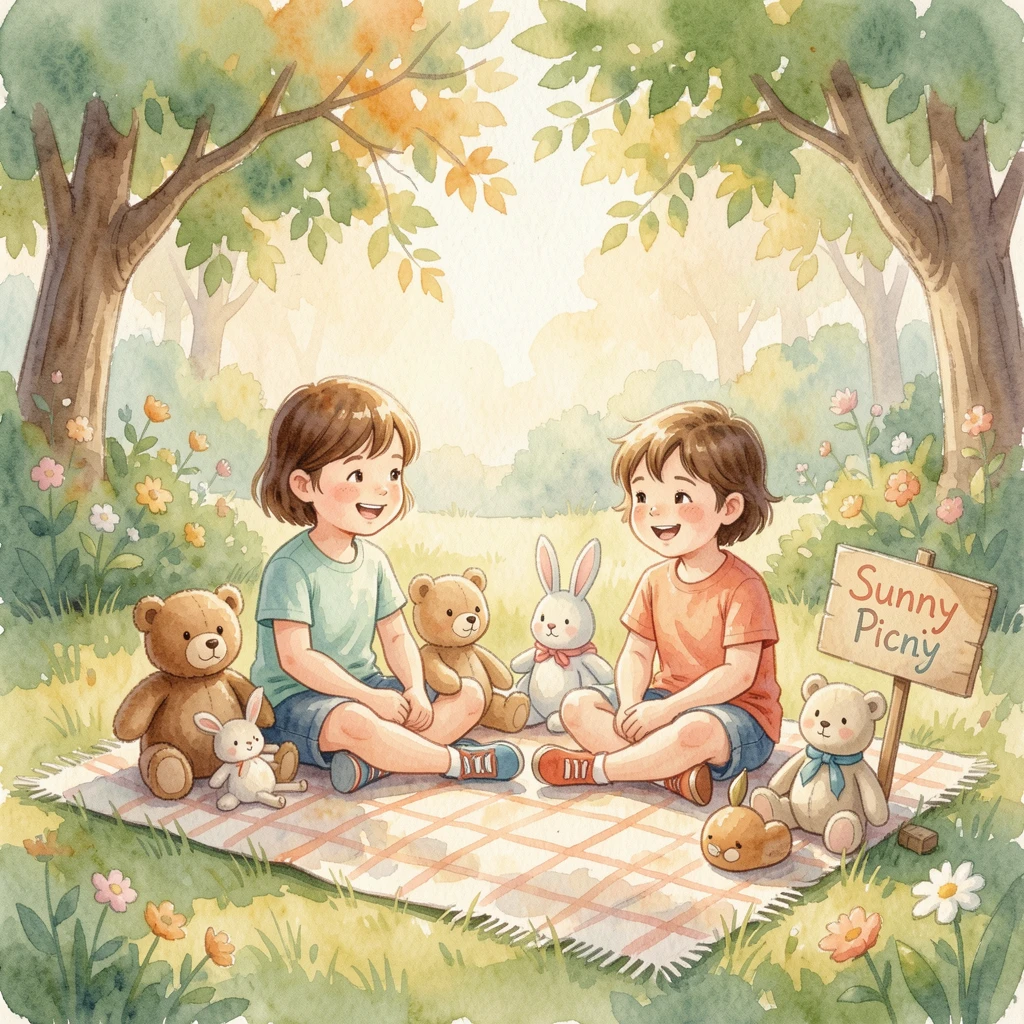 Kids having a picnic with stuffed animals on a warm sunny afternoon.