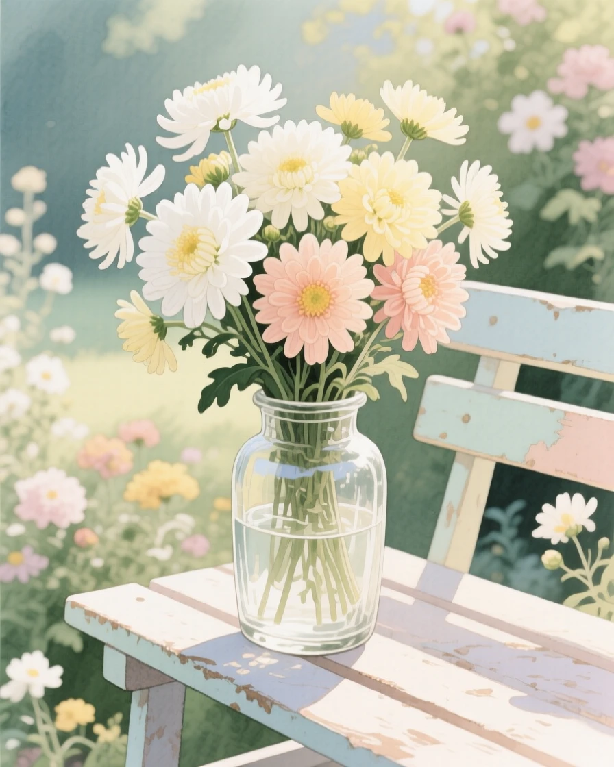 A bouquet of chrysanthemums in soft, layered tones fills a vintage glass vase on a garden bench in bloom, petals catching the gentle light