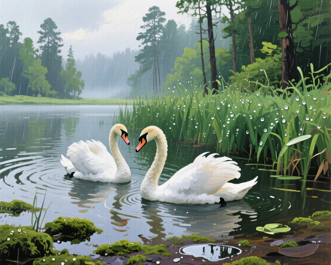 a pair of swans passing reeds at the forest edge, after fresh rainfall, with a balanced, spacious view of the surroundings.