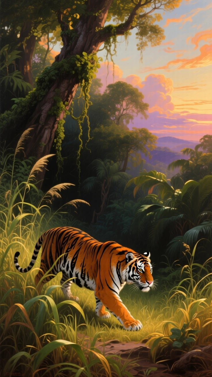 A tiger stalks silently through tall grass at the edge of a jungle.