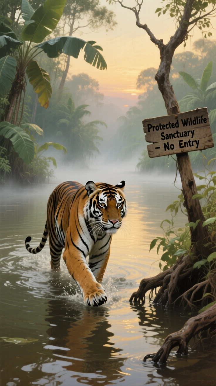 A tiger wading through a misty jungle river at dawn, caught in a split-second of remarkable natural behavior, capturing a rare and intimate glimpse into wild life