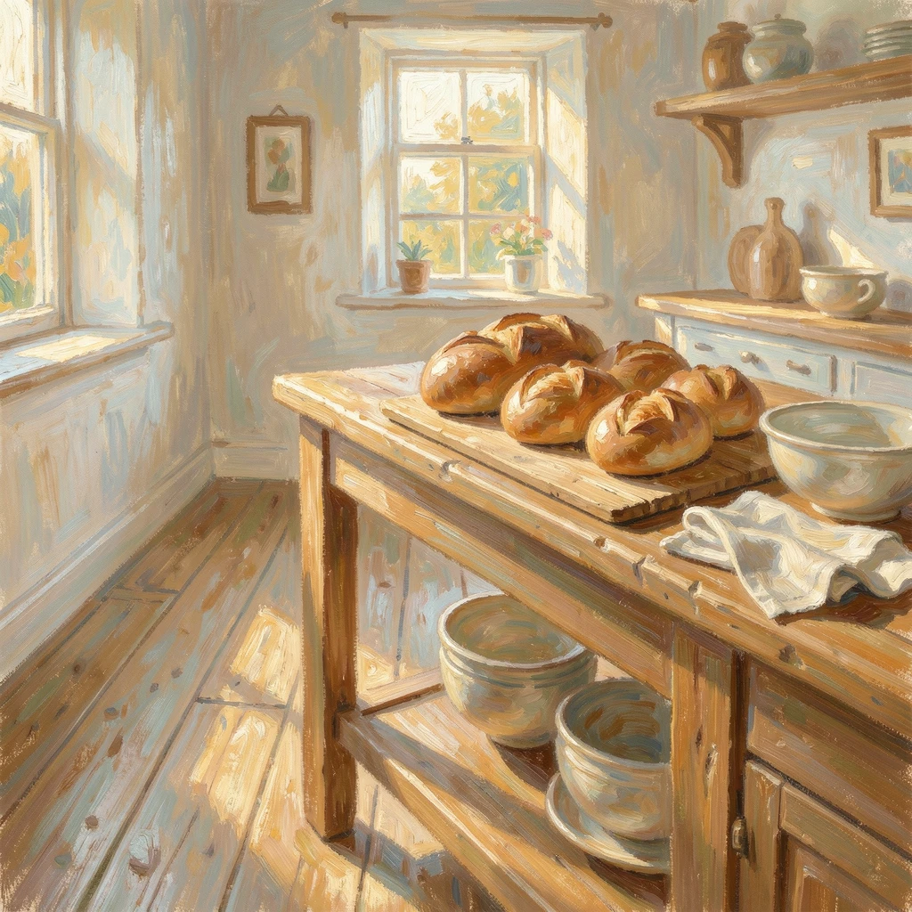 A rustic farmhouse kitchen with fresh bread cooling on the counter and morning light spilling across worn wooden floors.