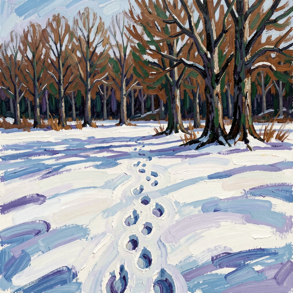 A quiet snow-covered meadow with a single set of deer tracks leading into the trees.