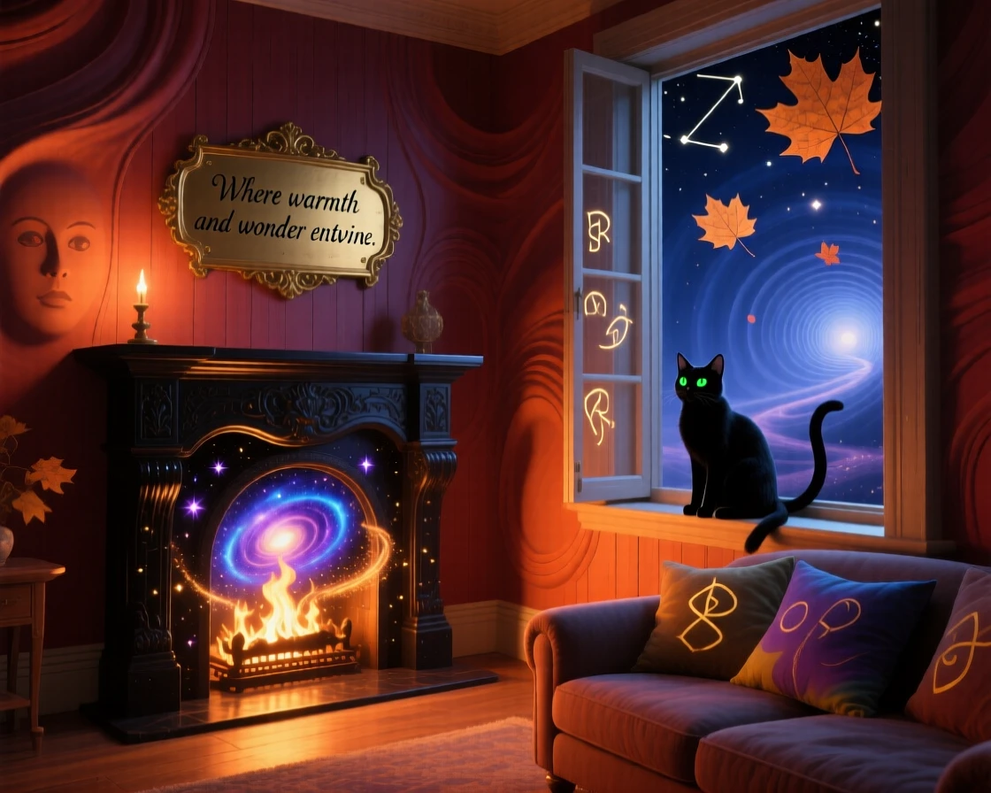 A snug living room where the fireplace holds a tiny captured galaxy feels warm, familiar, and just slightly impossible, while a cat watches curiously from an open window.