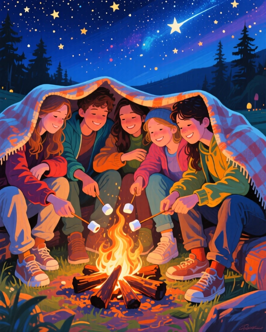 A group of friends huddled around a campfire, roasting marshmallows under a blanket of stars