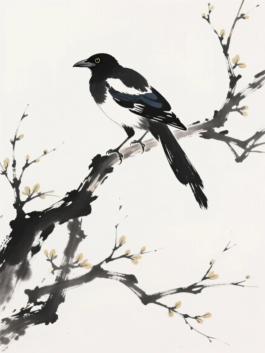 A magpie sits atop a bare winter branch, as the first light of spring touches the branches.