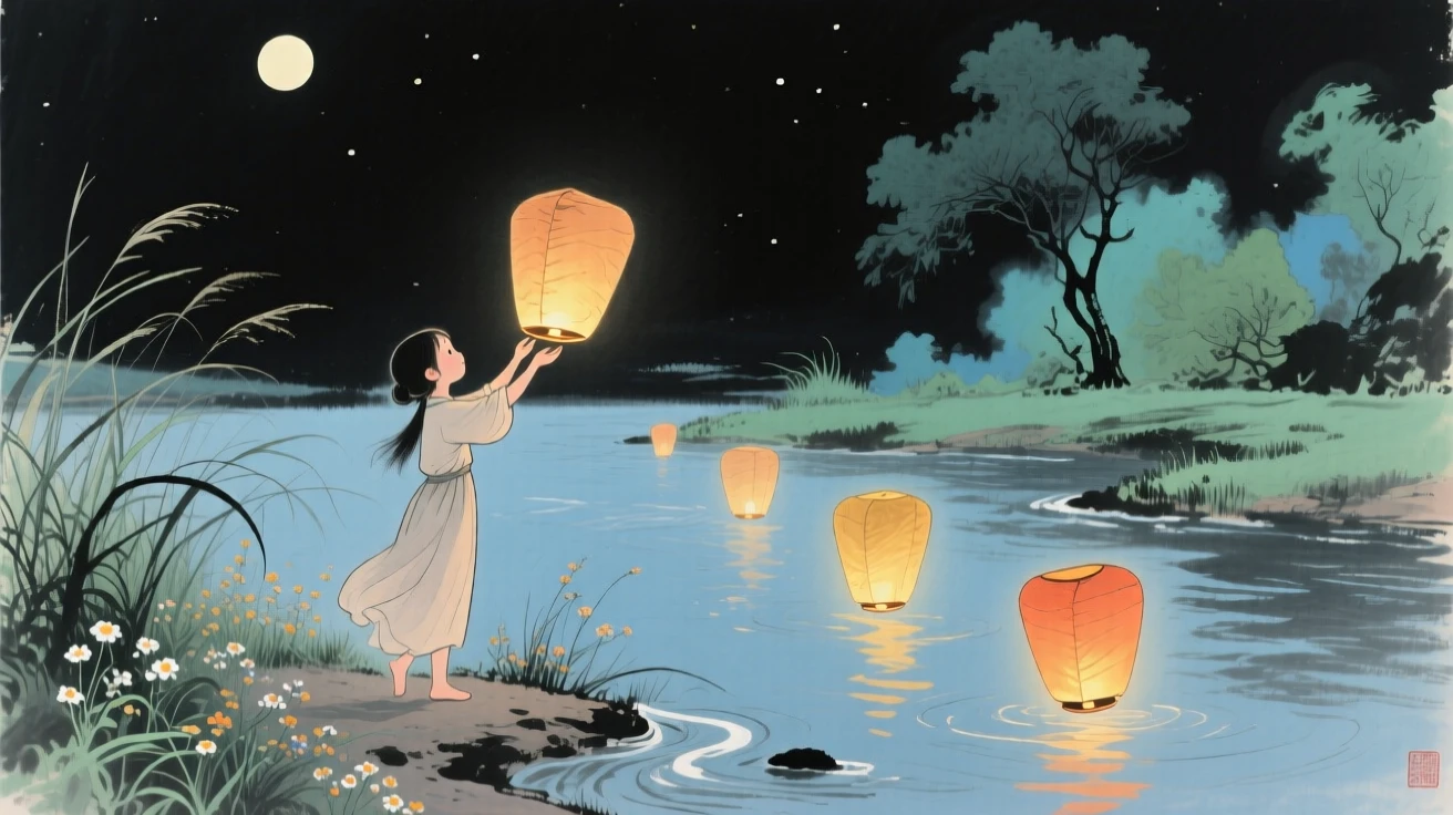 A young girl releasing paper lanterns onto a river at night, in the height of summer.