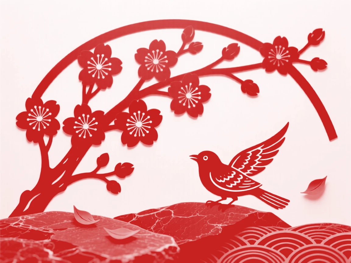 A spray of cherry blossoms scattered with a few fallen petals on dark stone, with a small bird perched nearby.