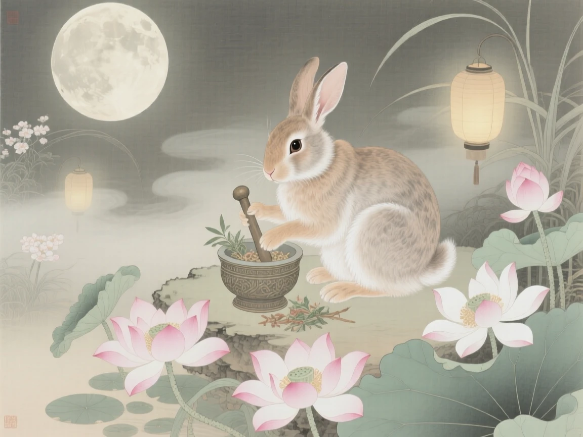 A moon rabbit pounding herbs with a small mortar and pestle above blooming lotus flowers in an otherworldly garden