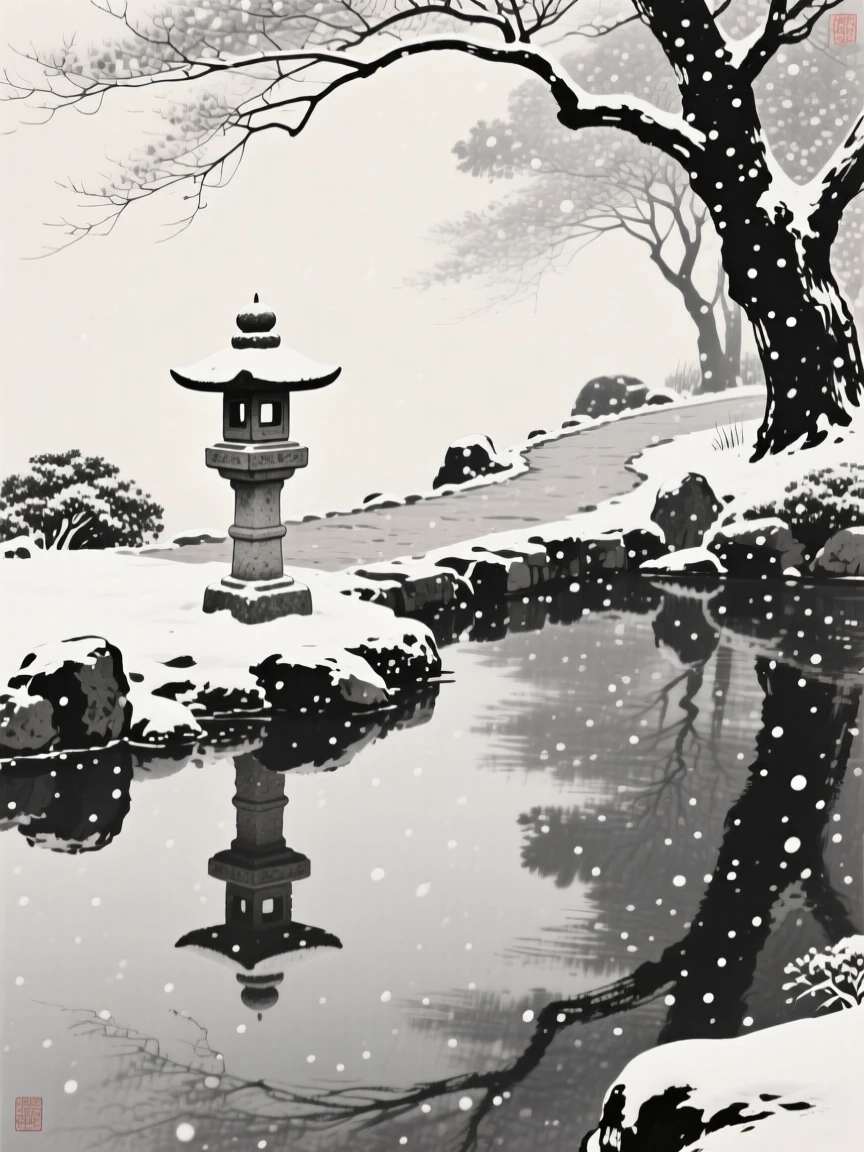 A stone lantern along a garden path beneath a canopy of falling snow, seen from across still water, reflected on the surface, evoking centuries of quiet history and devotion.