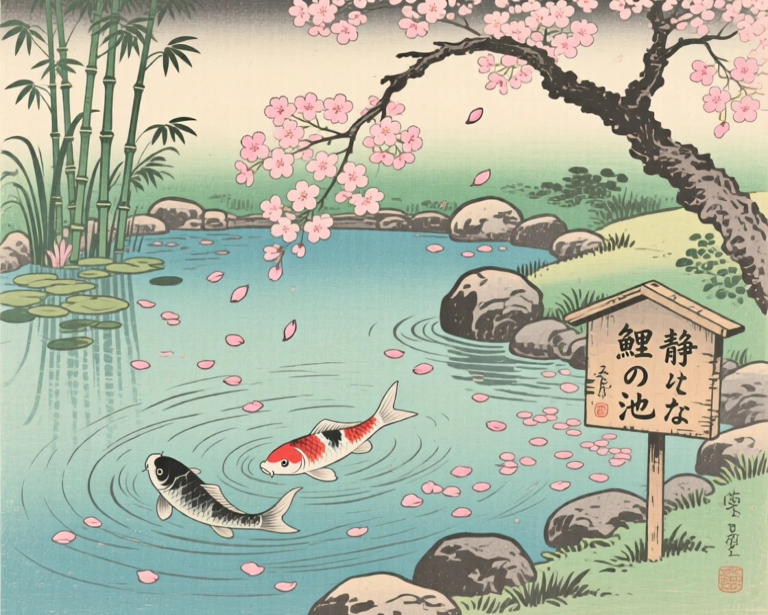 A quiet koi pond, dotted with drifting cherry blossom petals.
