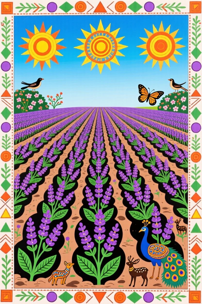 A field of lavender stretching in neat rows beneath a clear sky.
