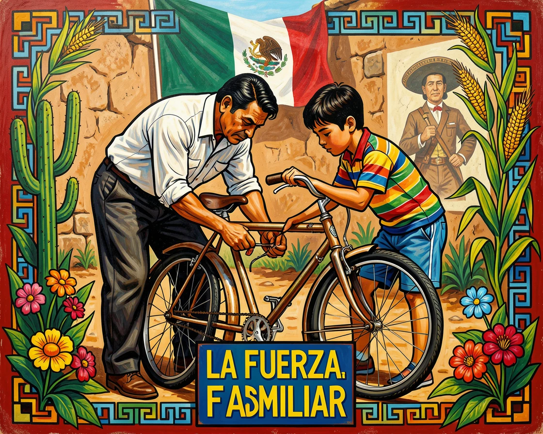 A father and son repairing an old bicycle in the yard