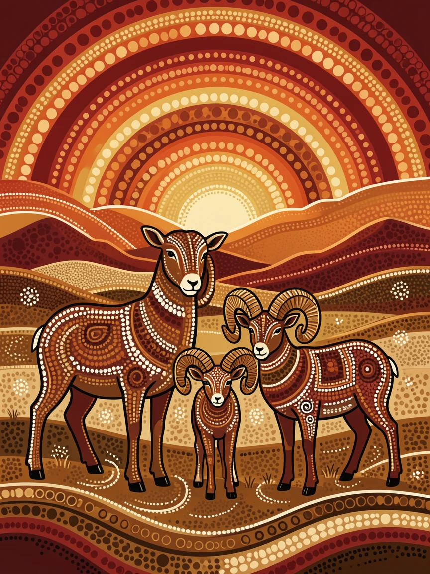 A bighorn sheep family gathered at sunset