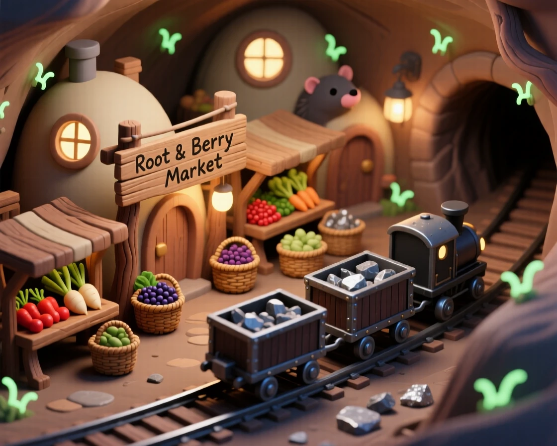 A subterranean mole village with tunnels lit by glowworms, a underground marketplace selling roots and berries, and a train of mining carts.