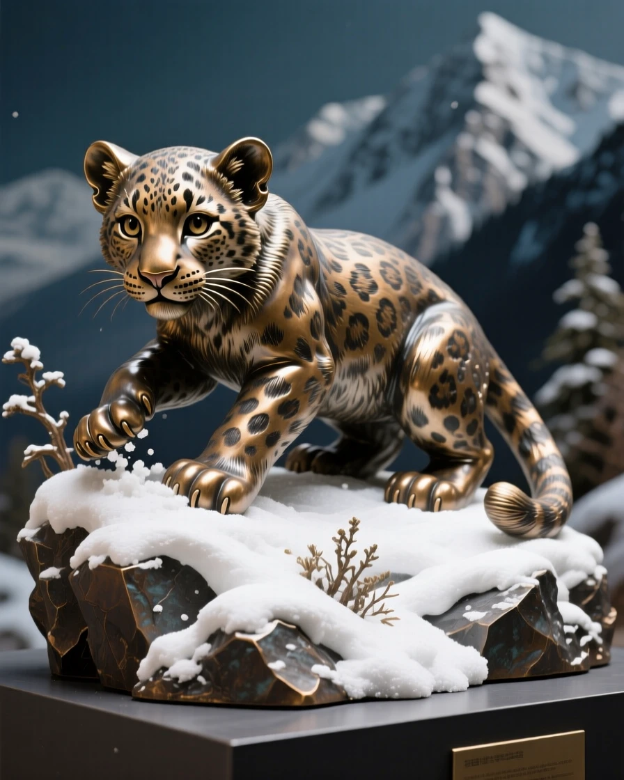 A majestic snow leopard cub playing in fresh powder, framed by dramatic natural scenery, evoking wonder and majesty