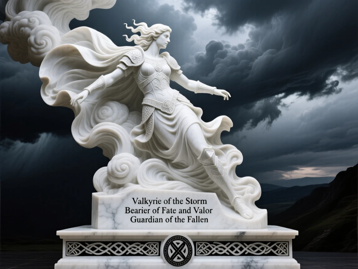 A Valkyrie descending from stormy skies, framed by dramatic storm clouds, radiating power and legend