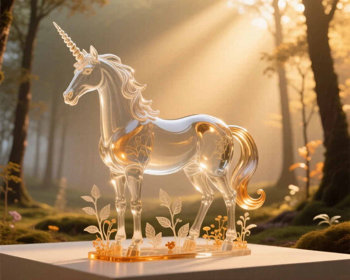 A unicorn standing in an enchanted forest clearing at golden hour with warm rays breaking through the clouds, epic scale composition, inspiring a sense of wonder and hope.