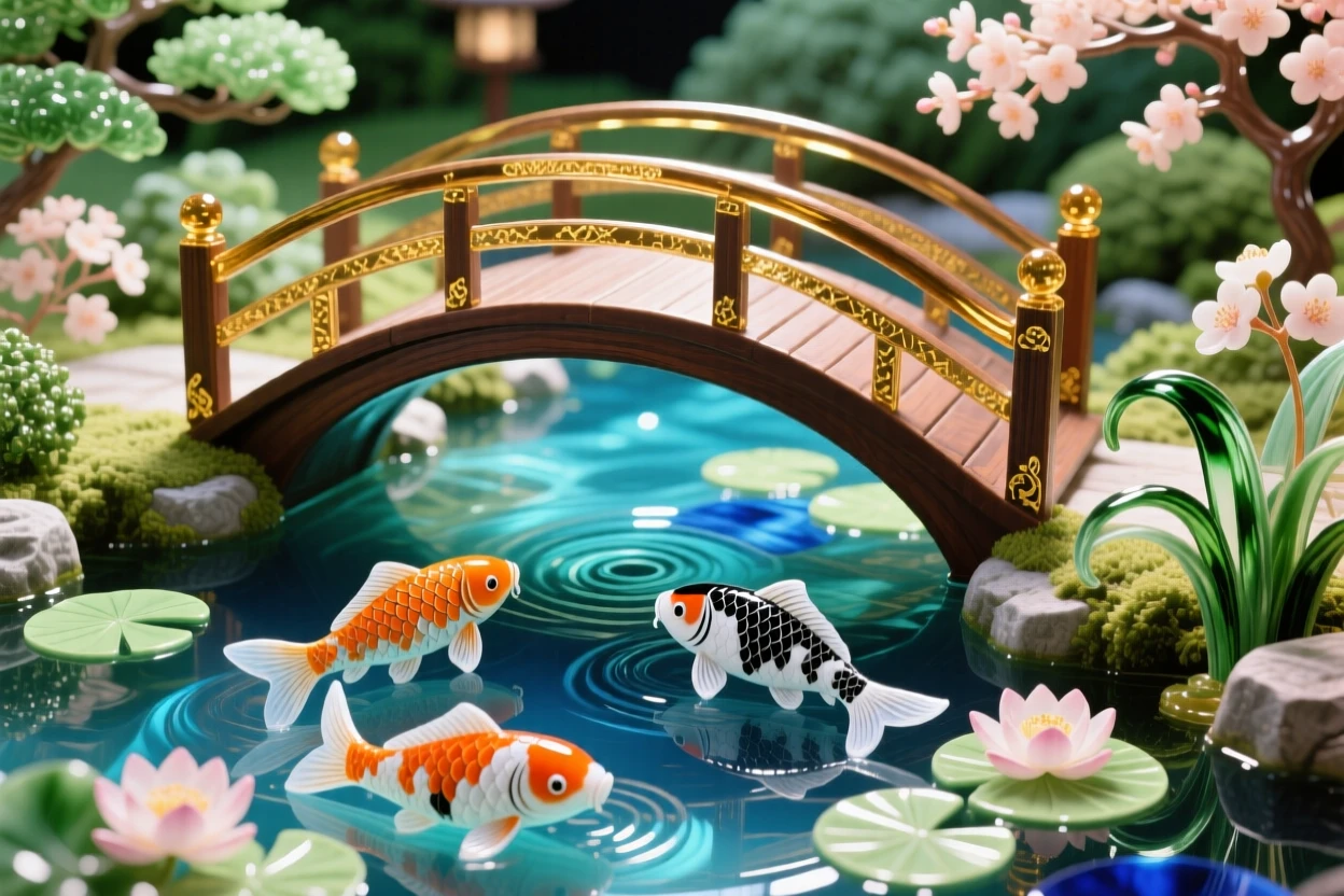 A tranquil Japanese garden with a curved bridge over a koi pond, harmonious and serene.