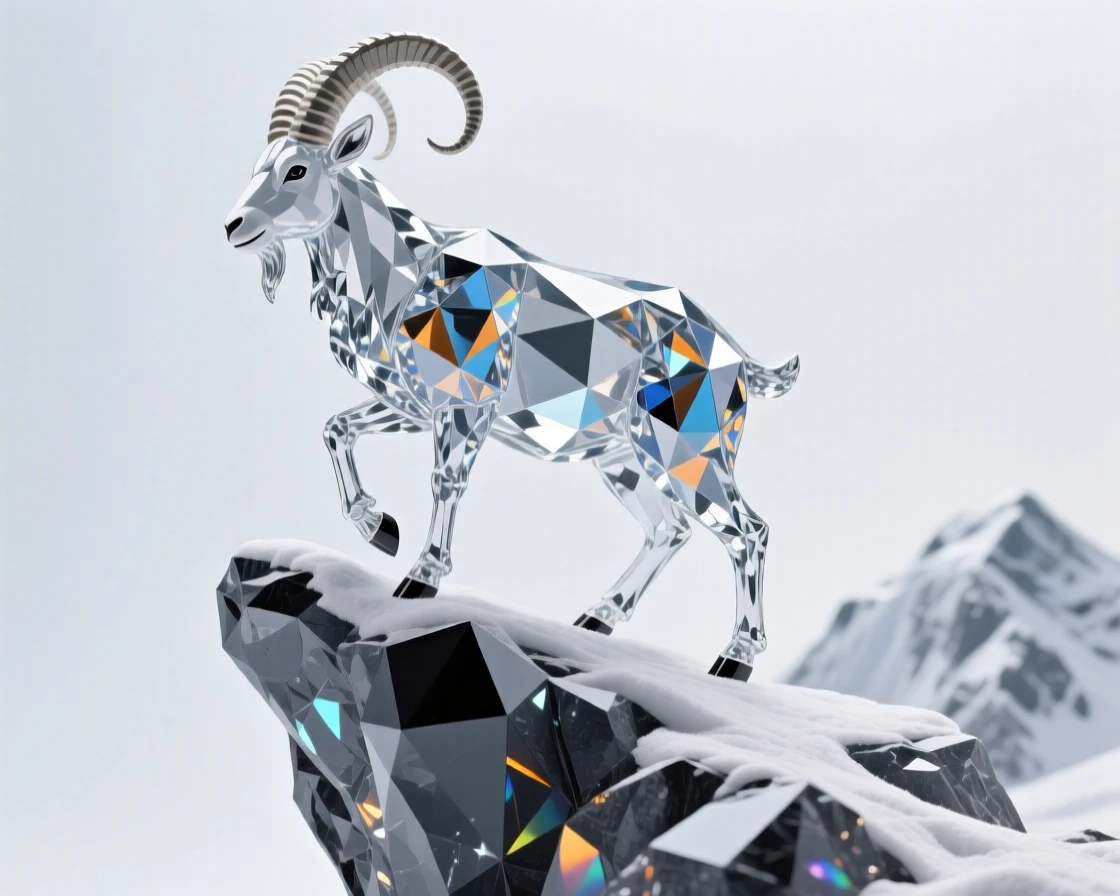 A snowy mountain goat balancing gracefully on a narrow rocky cliff edge.