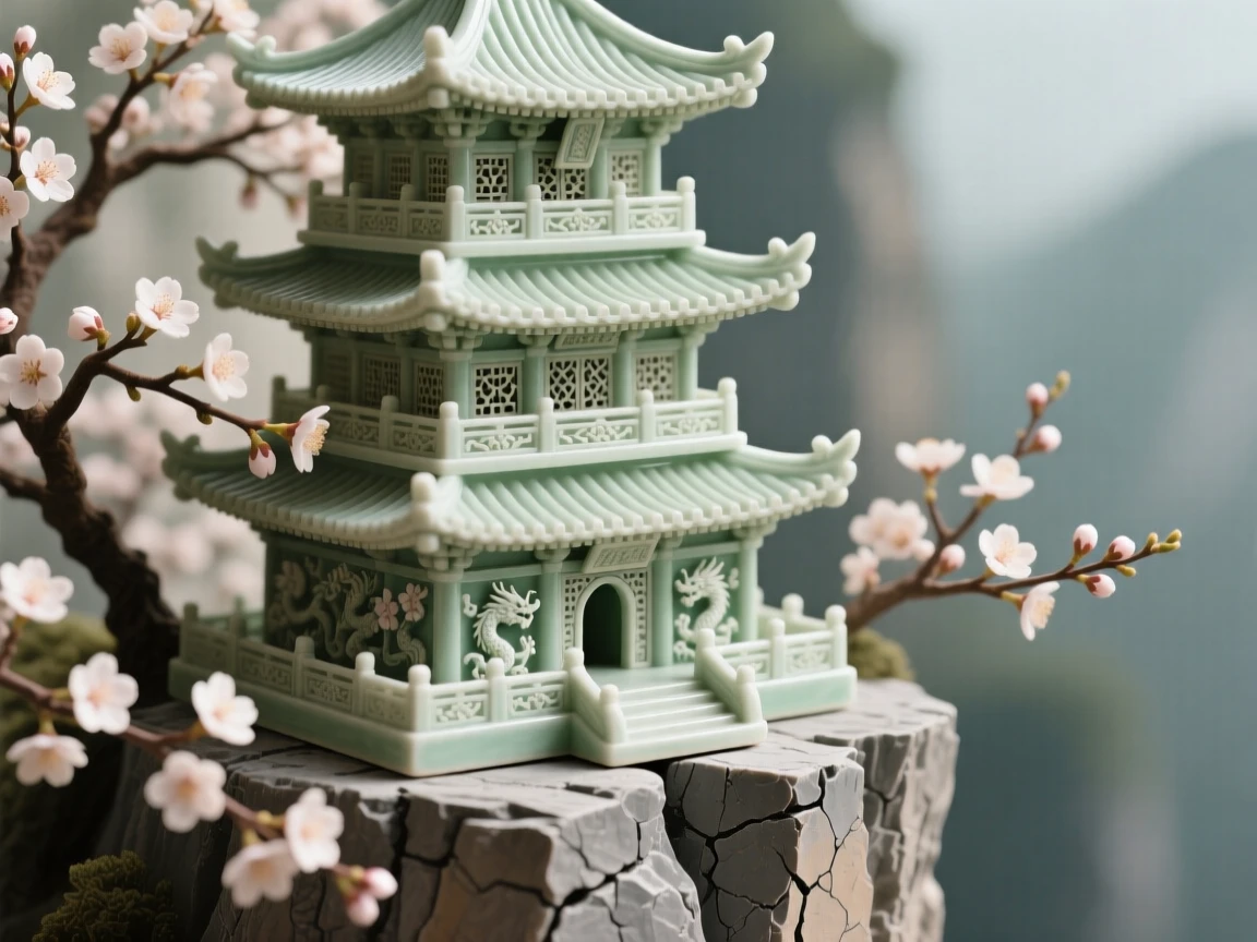 A traditional pagoda framed by cherry blossoms perched dramatically at the edge of a cliff, with intricate carvings along every surface, capturing the romance of a bygone era.