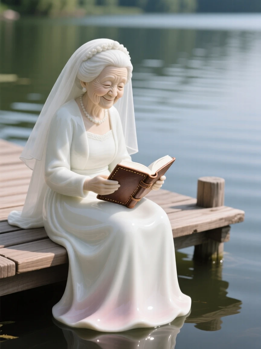 A elderly bride sketching in a leather-bound journal, a faint, knowing smile on her lips, in a quiet lakeside dock.