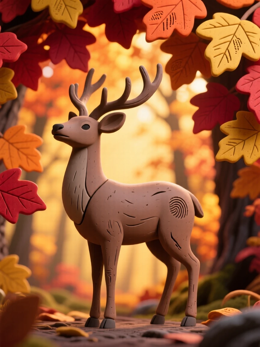 A stag silhouetted against a blazing autumn forest canopy
