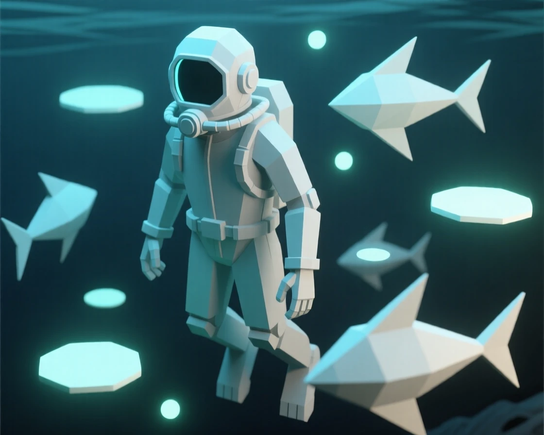 A deep-sea diver illuminated by bioluminescent creatures, surrounded by glowing bioluminescent light. soft glowing light sources create a sense of depth and scale. The mood feels futuristic and full of possibility.
