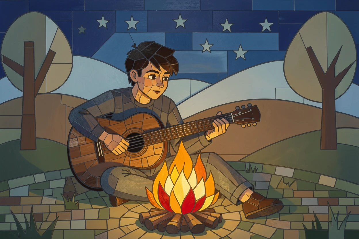 A young musician playing guitar around a glowing campfire.