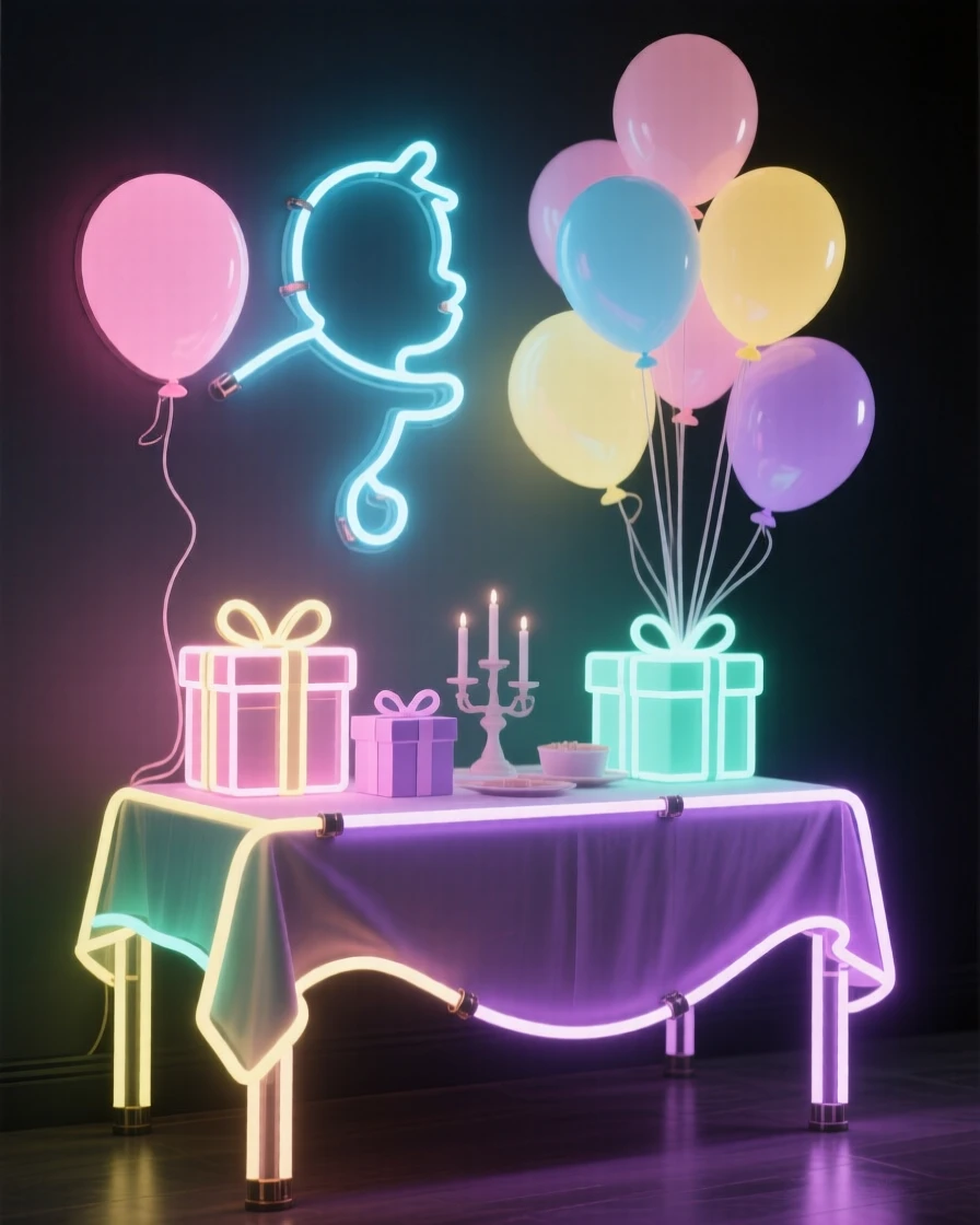 A baby shower table decorated with pastel balloons and gifts.