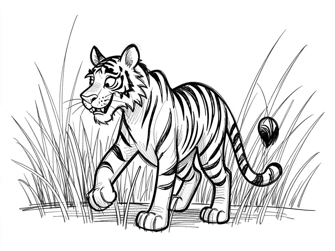 A tiger walking through tall grass beside a field of tall grass.