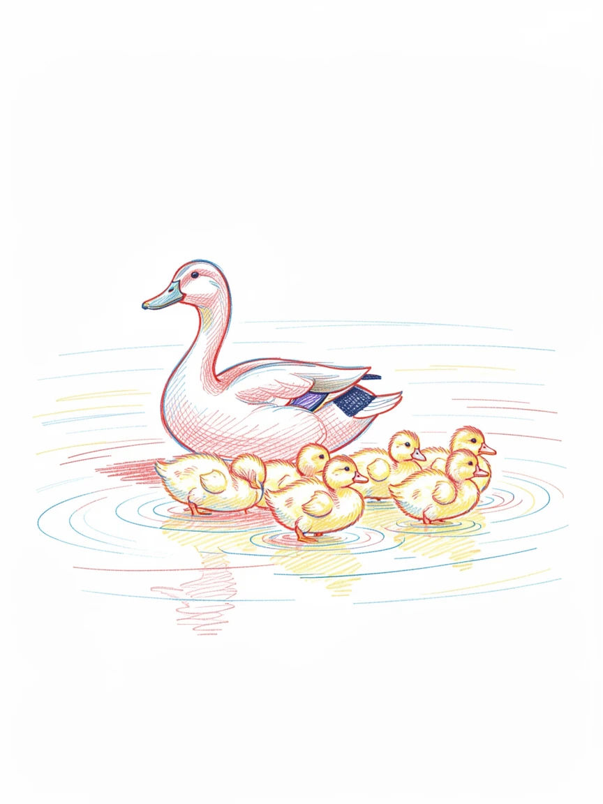 A mother duck leading a line of fluffy ducklings across a calm pond