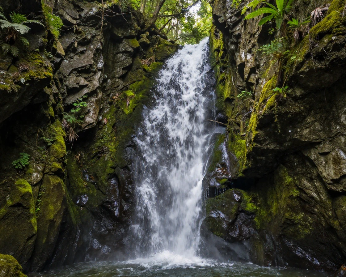 A dramatic waterfall cascading through a moss-covered gorge