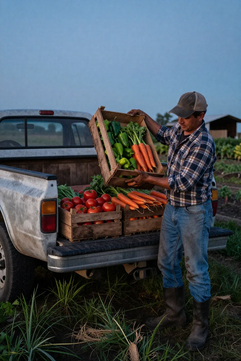A farmer loads crates of fresh produce onto a truck before dawn.