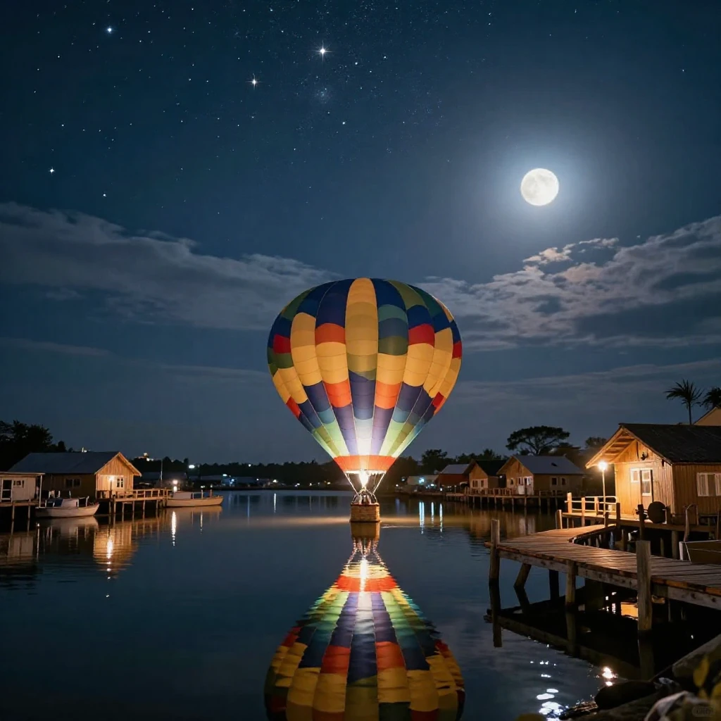 A hot air balloon resting quietly in a small harbor beneath a canopy of stars