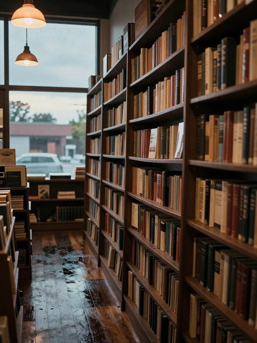 A quiet bookstore aisle lit by warm hanging lamps, in the pale light just before sunrise, just after a rain shower, with puddles reflecting the sky, as summer fades into fall, in cool blues and silvery greys, from a slightly elevated vantage point.