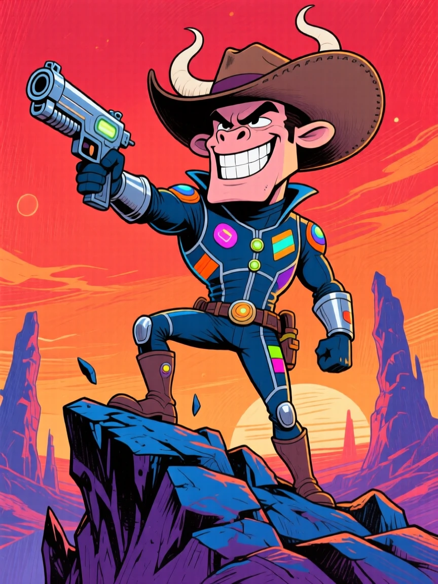 A proud fictional space-cowboy hero standing atop a rocky alien cliff, blaster in hand.