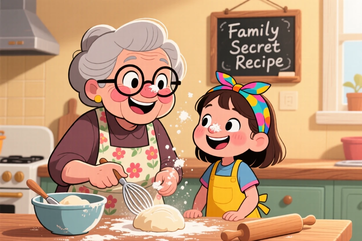 A heartwarming moment depicting a grandmother teaching her granddaughter to bake the family's secret recipe, flour on both their noses.