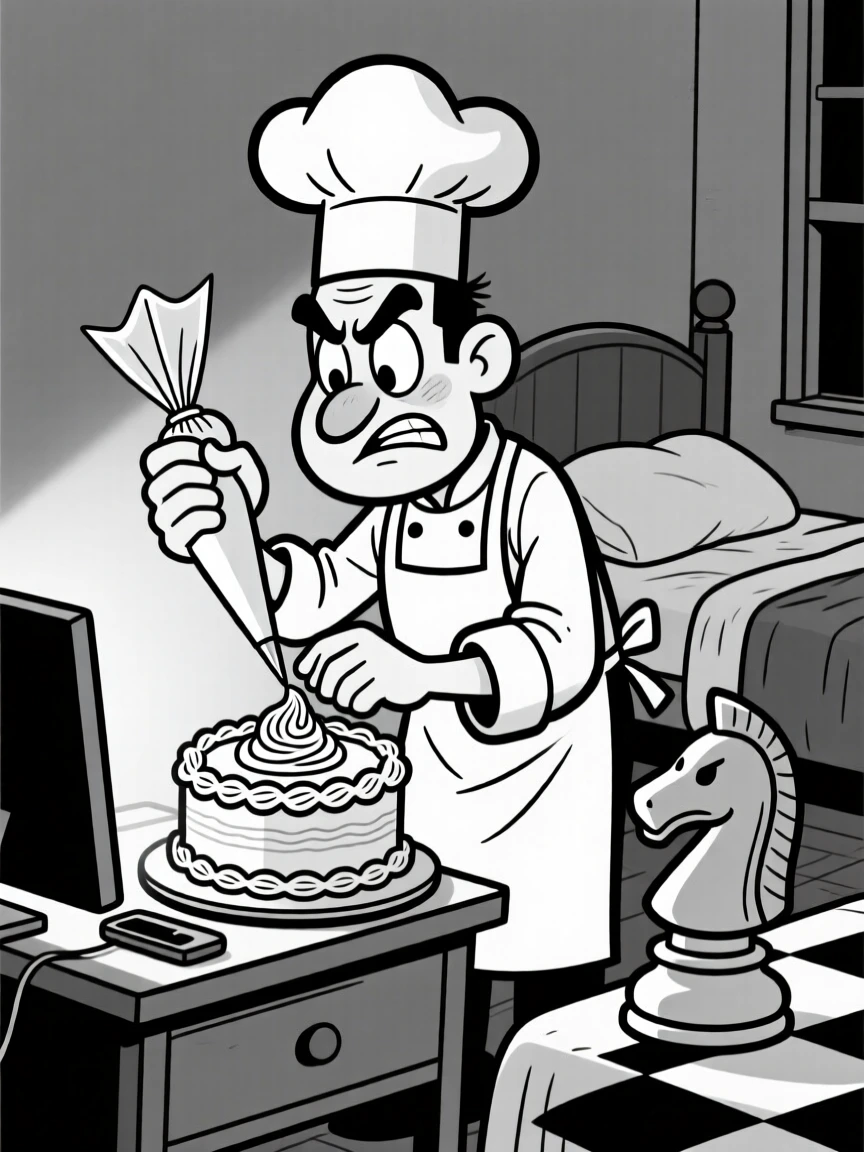 A baker piping frosting with surgeon-like precision, adding one final delicate swirl of frosting, set in a bedroom lit only by screen glow. A captured chess piece sits triumphantly to the side. The moment captures determination with a comic twist.