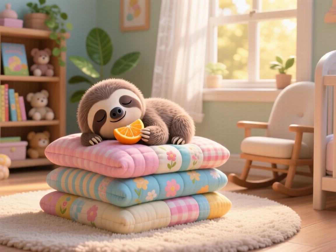 A baby sloth is dozing on a stack of folded quilts, nibbling on a piece of fruit. Innocent curiosity shines through the moment, with soft light catching its fur.