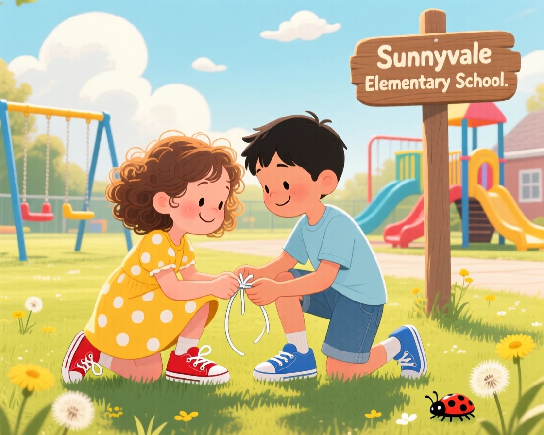 Two best friends share a tender moment teaching each other to tie their shoelaces in a sunny schoolyard, as warm smiles are exchanged.
