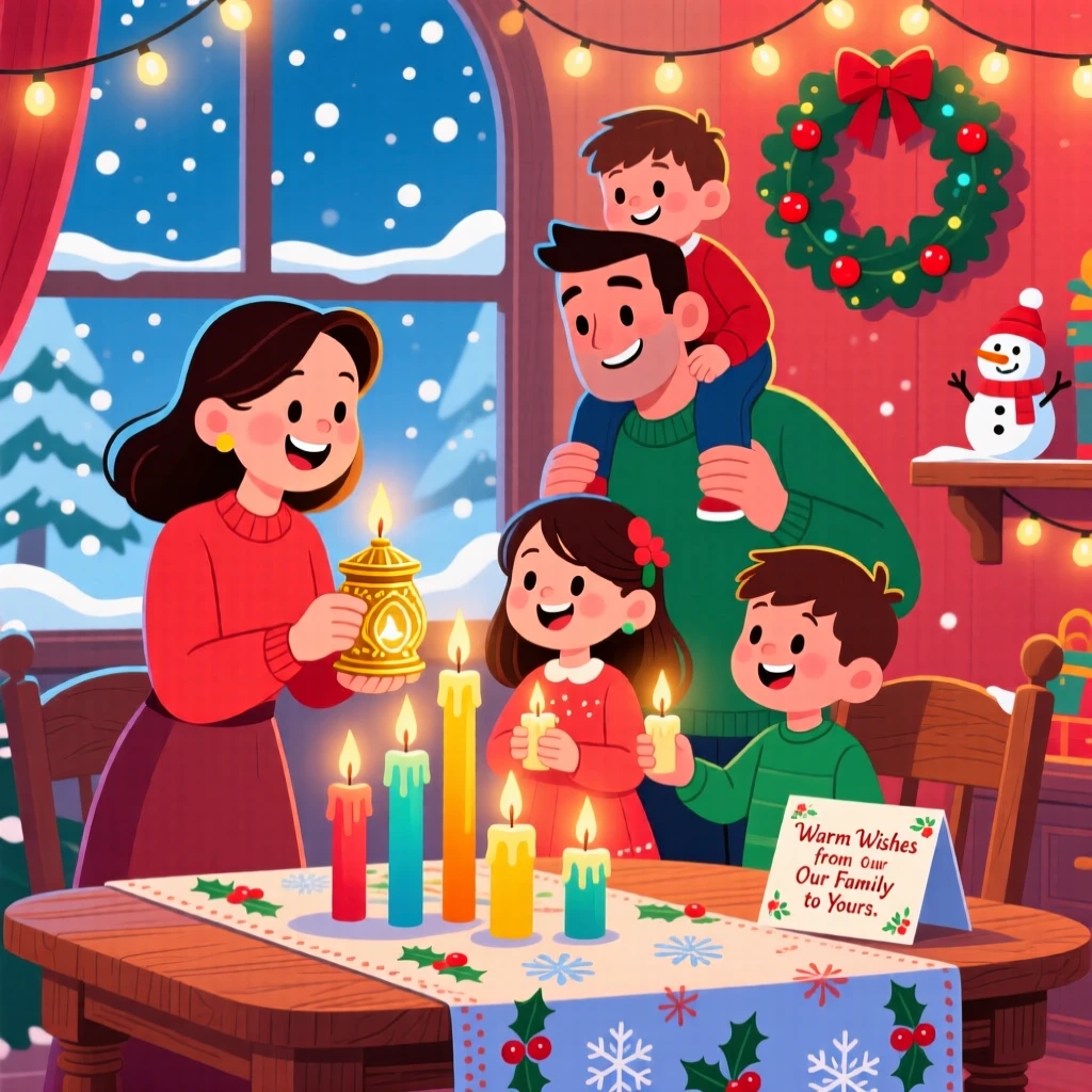 A family lighting candles together during a winter holiday celebration.