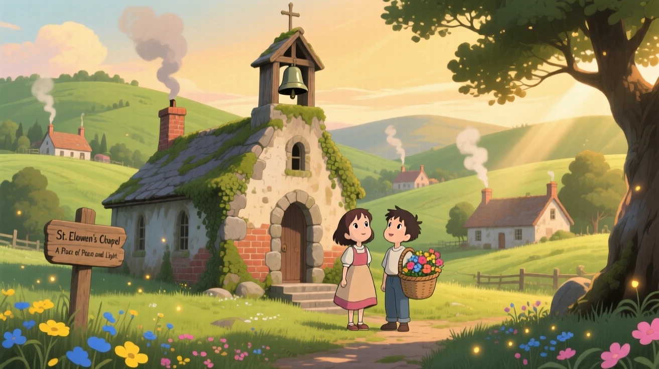 A countryside chapel with a weathered bell tower, with smoke curling gently from chimney tops, under a warm afternoon sun.