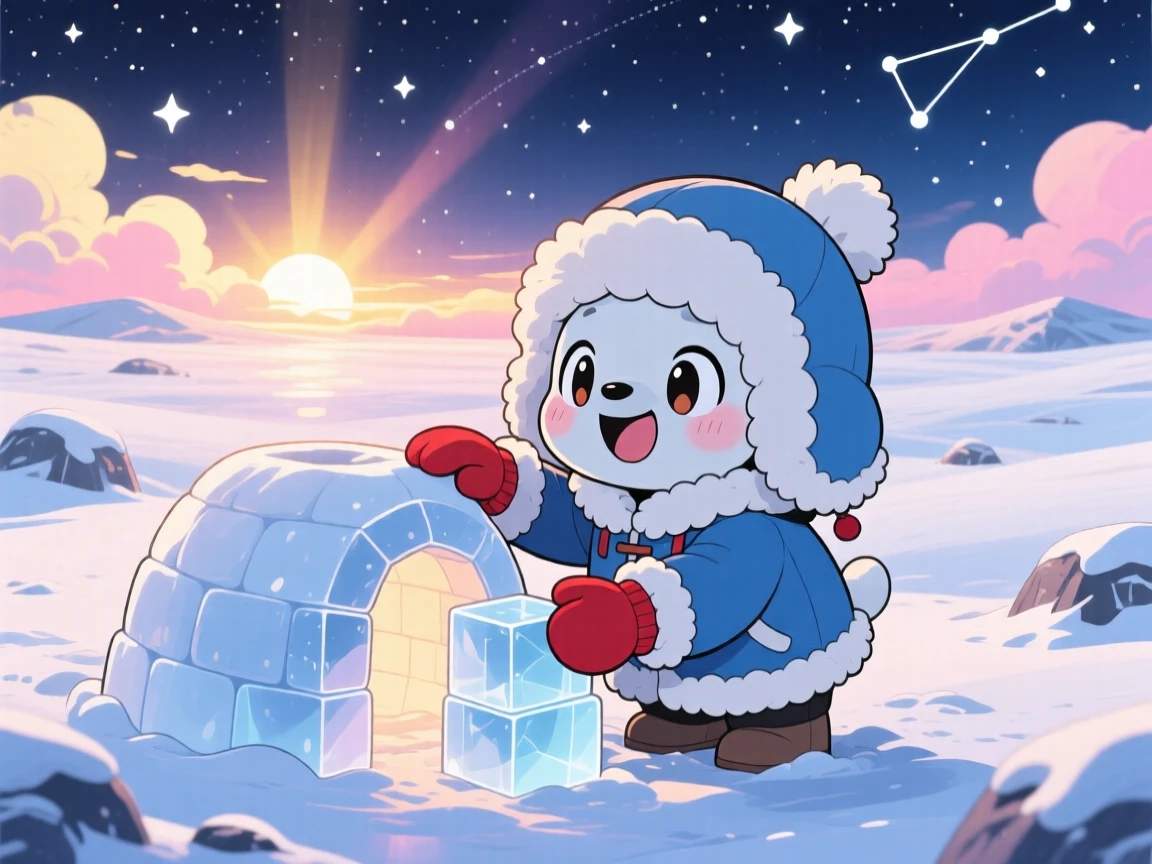 A polar explorer building an igloo with mittened hands, framed as a three-quarter view within a vast snowy tundra, under a starry midsummer night sky, glowing under rays of sunrise breaking through clouds, evoking delighted joy.