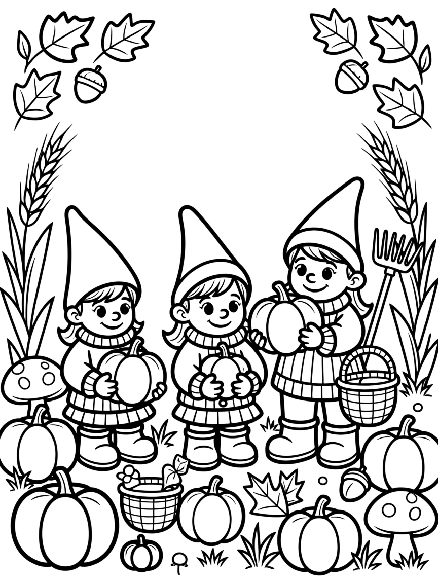 A gnome family celebrating a harvest festival with tiny pumpkins