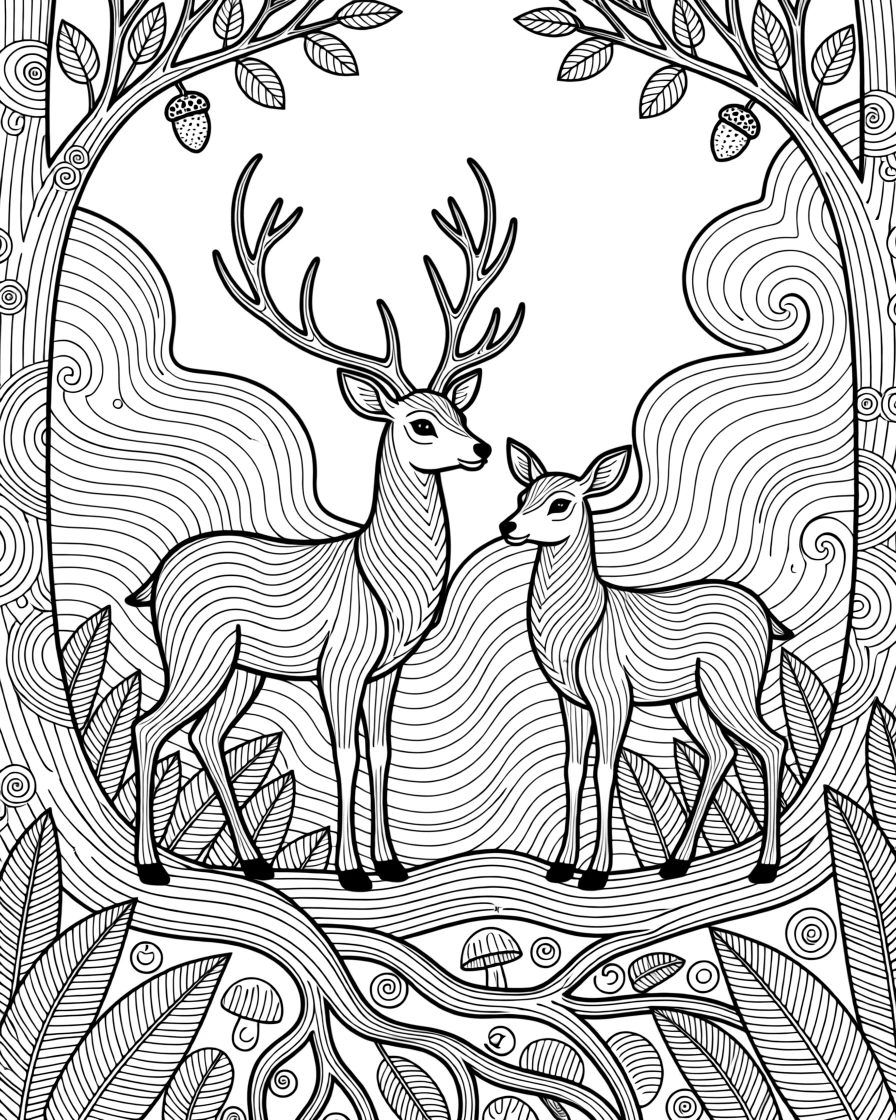 A pair of deer standing at the edge of a misty forest.