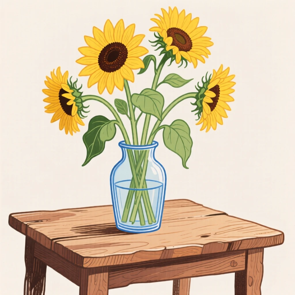 A vase of sunflowers on a rustic wooden table.
