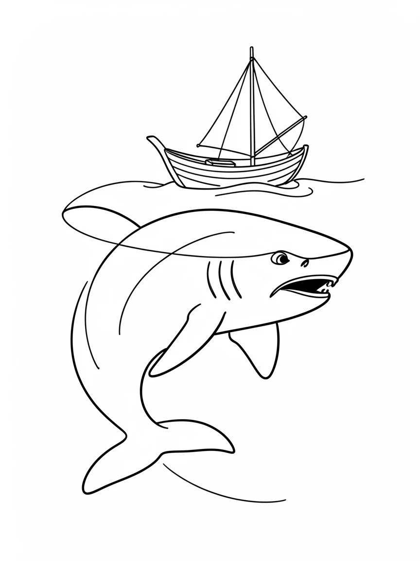 A Megalodon shark circling beneath a small ancient fishing boat