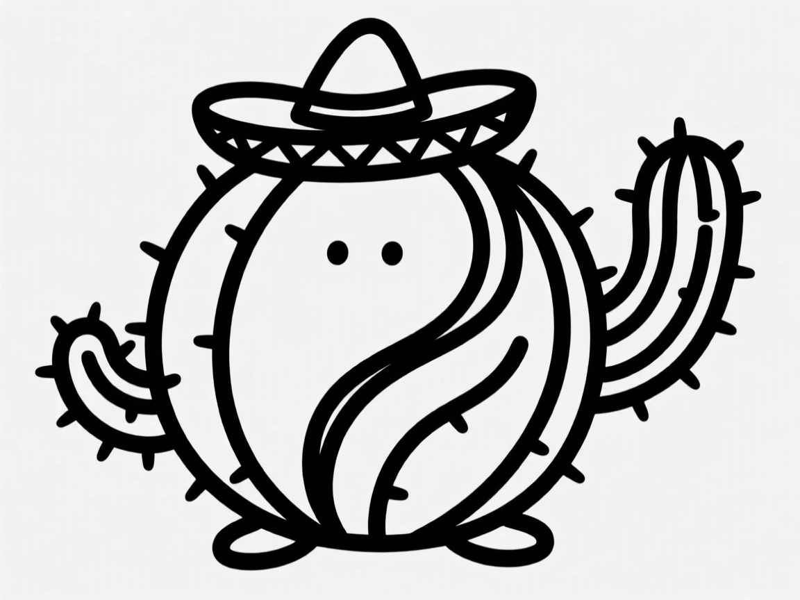 A round cactus creature wearing a tiny sombrero.